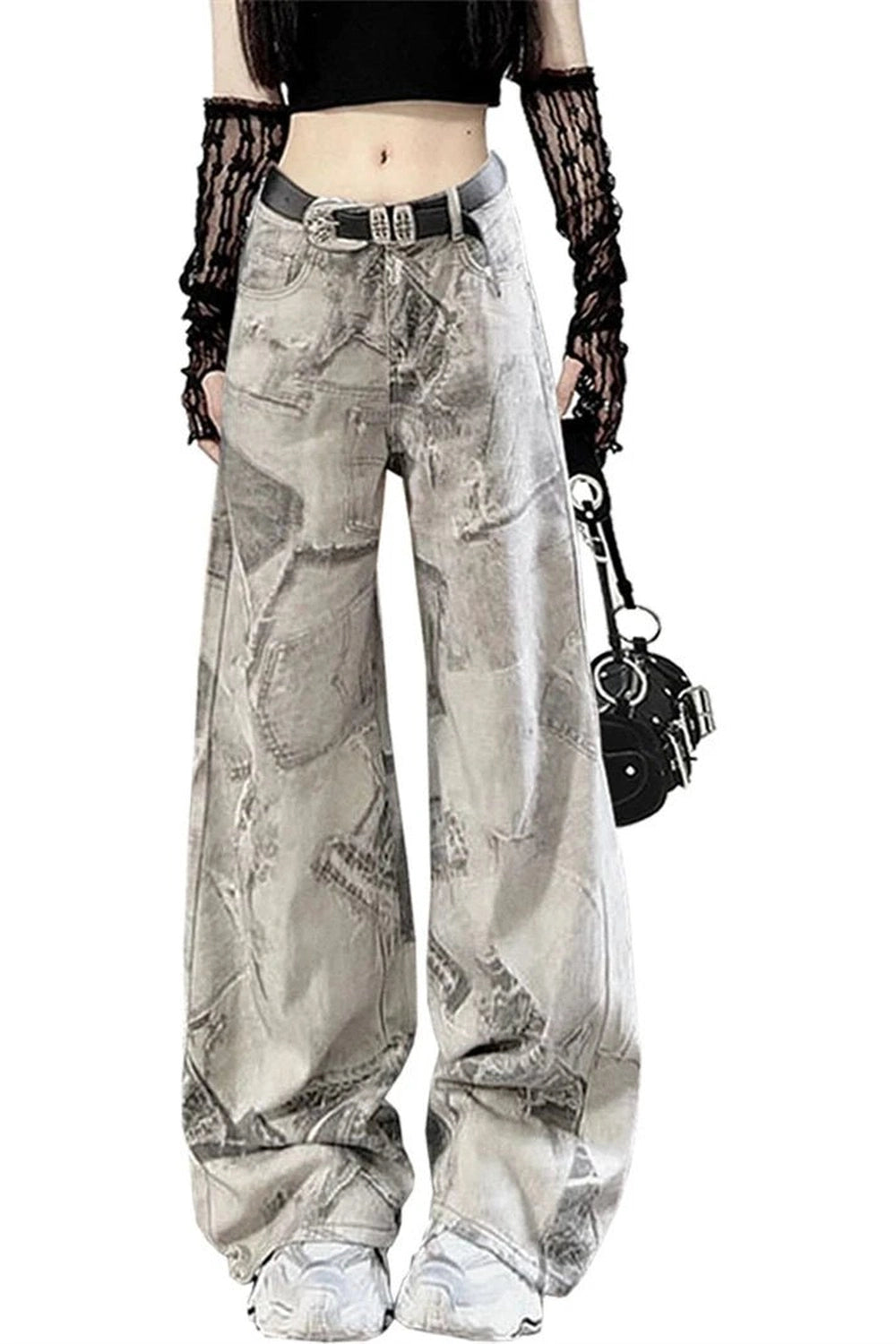 Grunge Washed Graffiti Wide-Leg Jeans - Y2K Fashion Essential