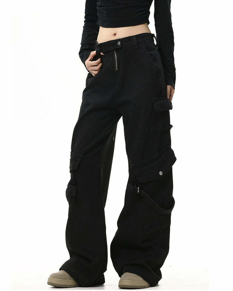 Hashtag Drama Black Cargo Jeans - Y2K Fashion Essential for Trendy Looks