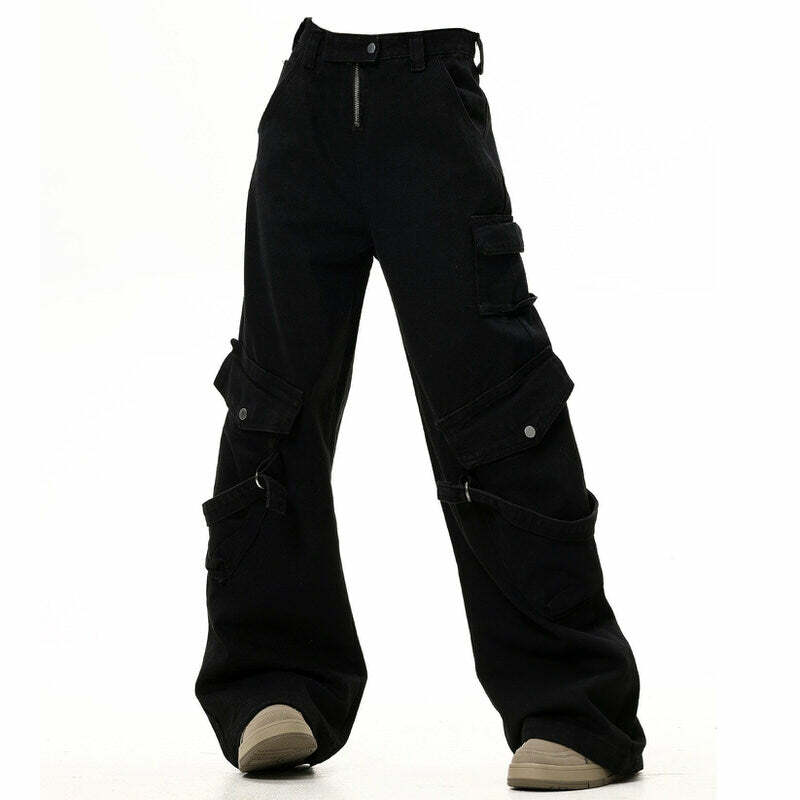 Hashtag Drama Black Cargo Jeans - Y2K Fashion Essential for Trendy Looks