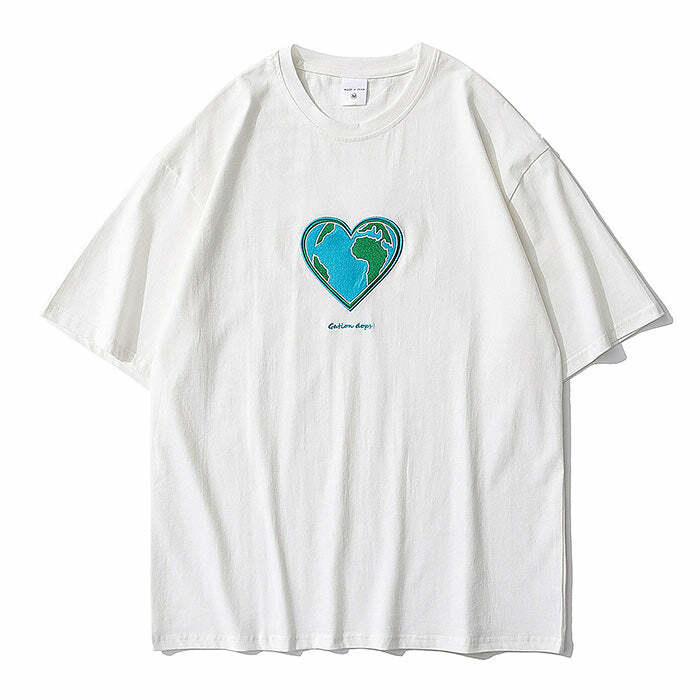 Heart Earth Embroidered Tee - Y2K Aesthetic 2000s Fashion Top