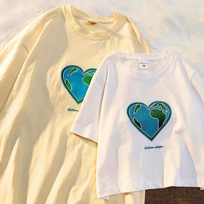 Heart Earth Embroidered Tee - Y2K Aesthetic 2000s Fashion Top