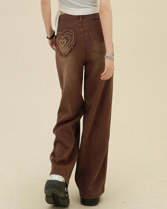 Heart Pocket Brown Jeans - Y2K Fashion Essential for 2000s Style Outfits