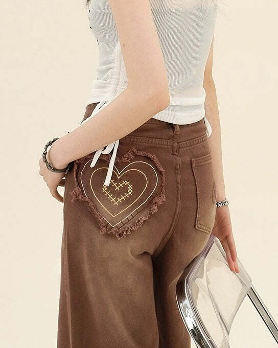 Heart Pocket Brown Jeans - Y2K Fashion Essential for 2000s Style Outfits