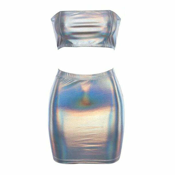 Holographic Y2K Fashion Top & Skirt Set - Trendy 2000s Style Outfit