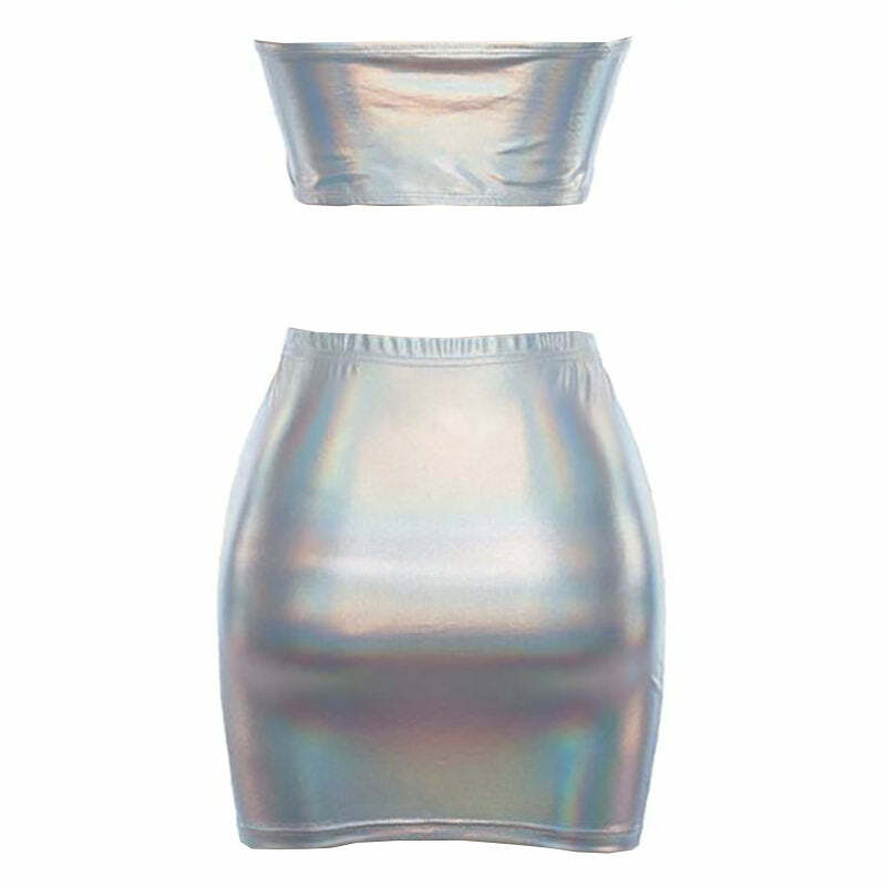 Holographic Y2K Fashion Top & Skirt Set - Trendy 2000s Style Outfit