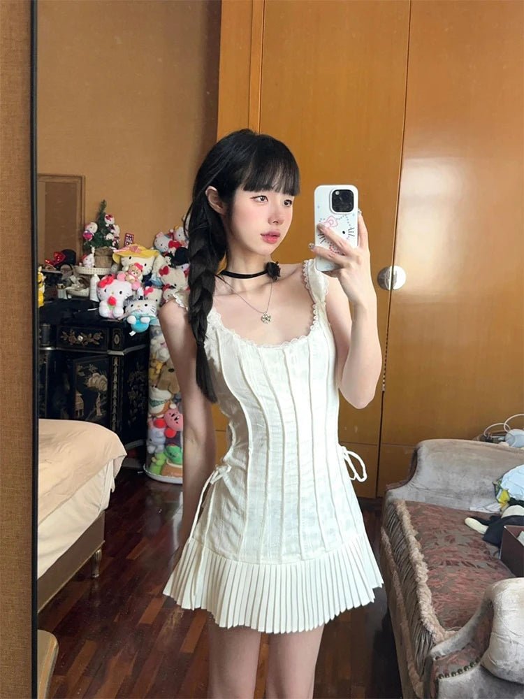 Ivory Pleated Corset Mini Dress - Y2K Fashion Inspired 2000s Style