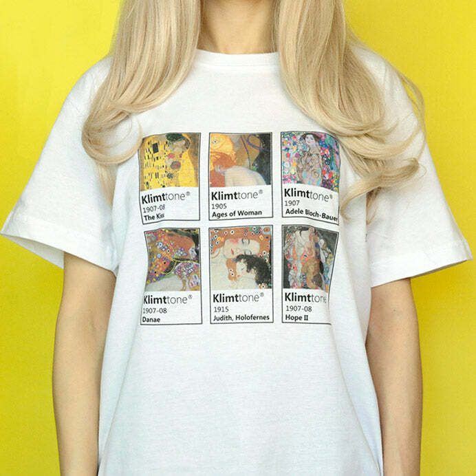 KlimtTone Y2K Fashion T-Shirt in Beige & White - Trendy 2000s Style