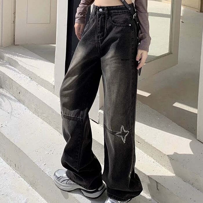 Knee Star Black Jeans - Y2K Fashion Essential for 2000s Style Outfits