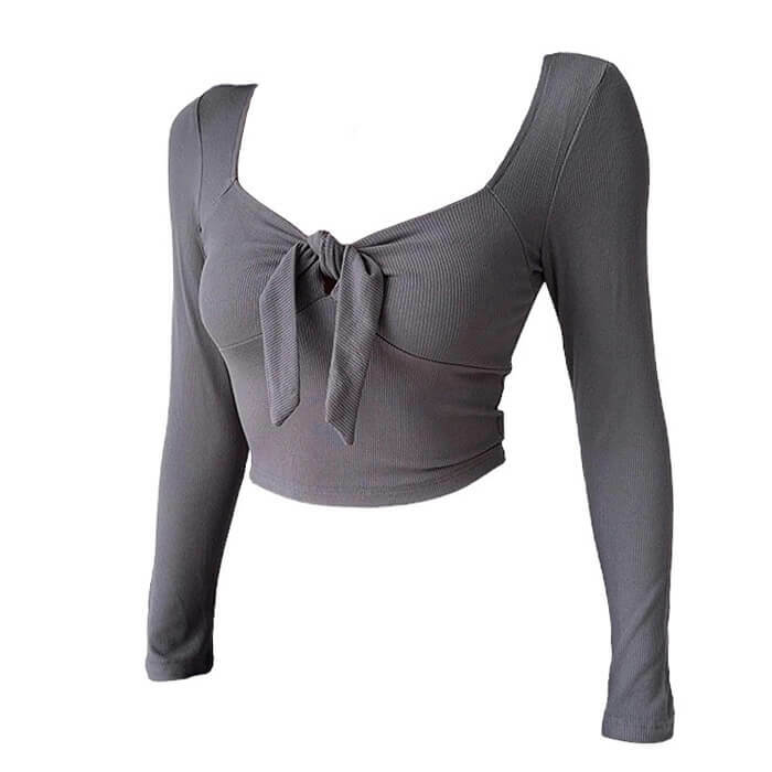 Knot Tie Ribbed Long Sleeve Top - Y2K Fashion Essential for Stylish Outfits