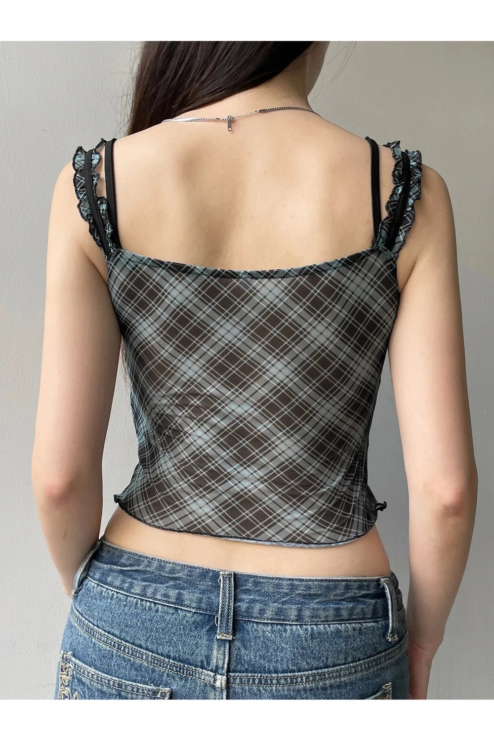 Lace-Trim Plaid Mesh Top - Y2K Fashion Aesthetic for Trendy Outfits