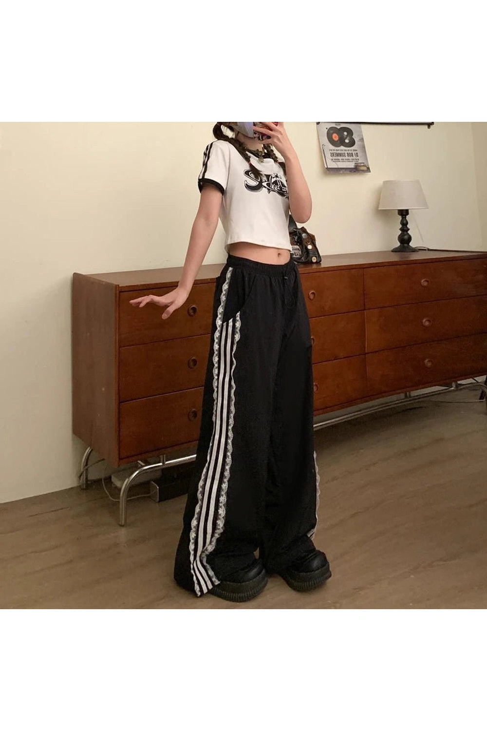 Lace-Trim Striped Wide-Leg Pants - Y2K Fashion Essential for 2000s Style