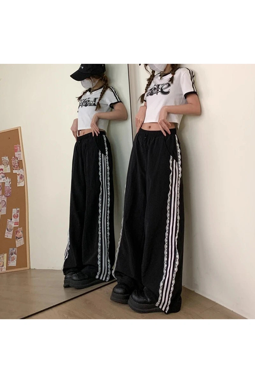 Lace-Trim Striped Wide-Leg Pants - Y2K Fashion Essential for 2000s Style