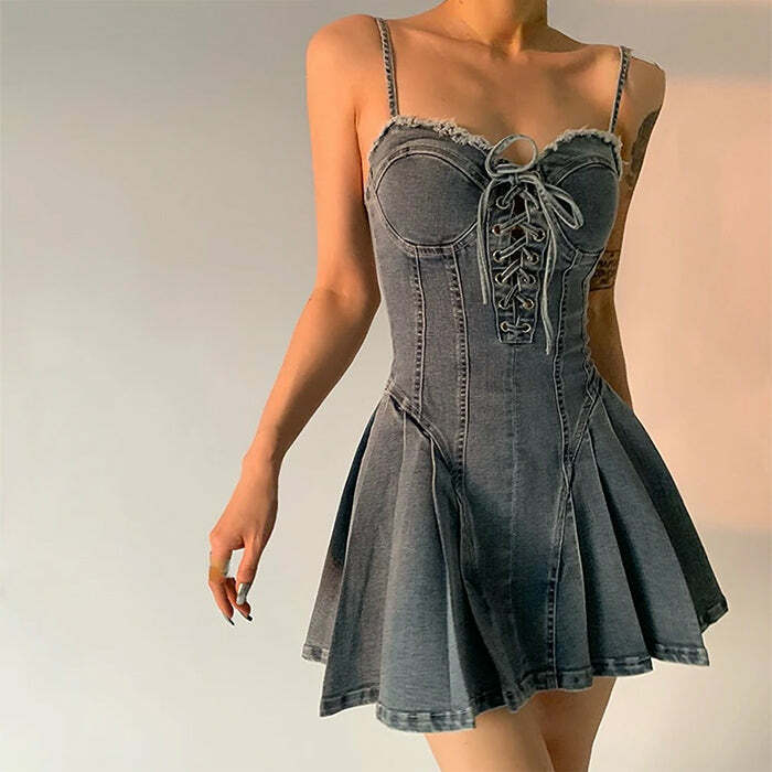 Lace Up Denim Dress - Y2K Fashion Essential for 2000s Style Outfits