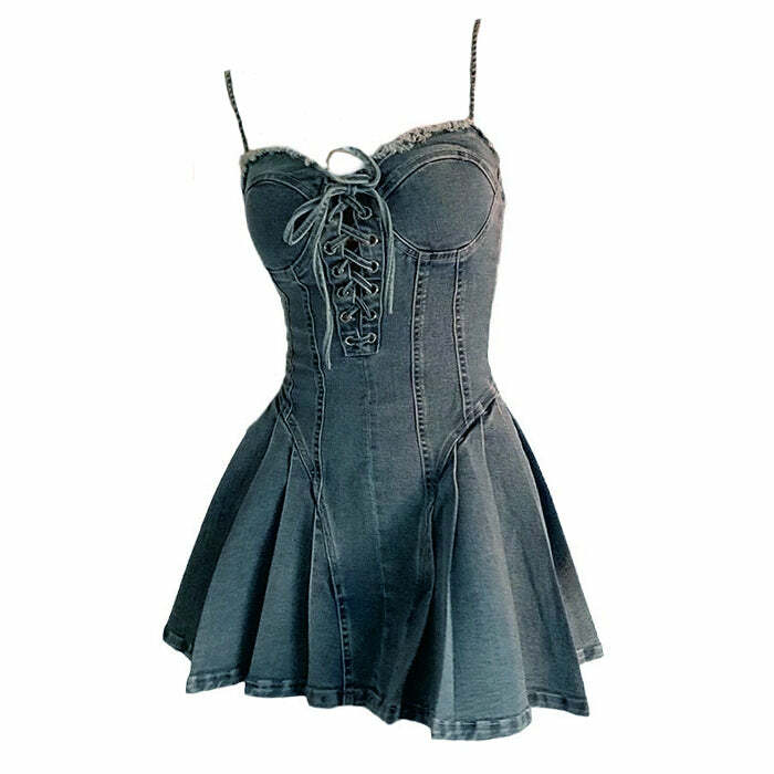 Lace Up Denim Dress - Y2K Fashion Essential for 2000s Style Outfits