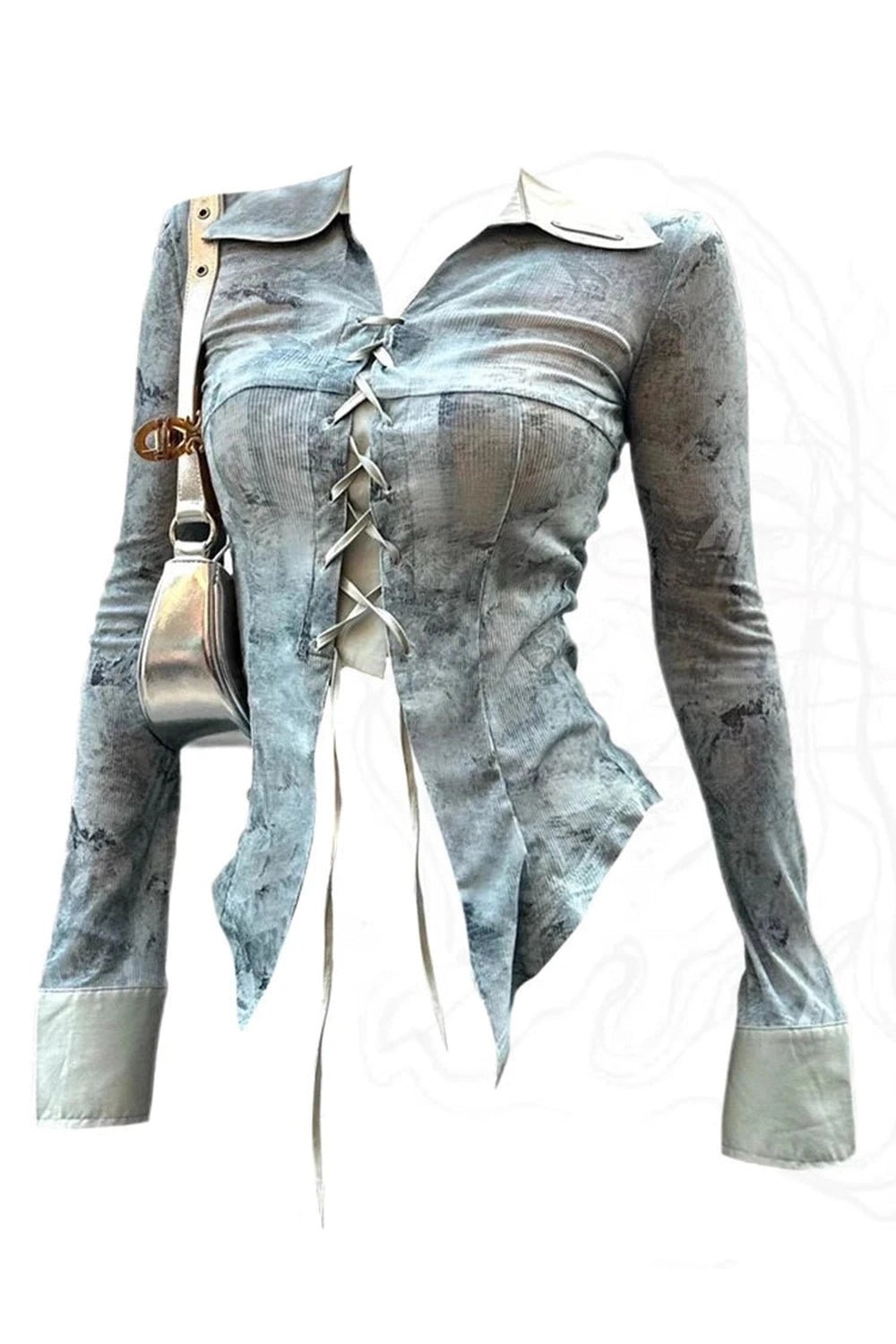 Lace-Up Distressed Denim Blouse - Y2K Fashion Essential for 2000s Style