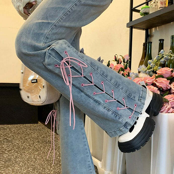 Lace Up Flared Jeans - Y2K Fashion Essential for 2000s Style Outfits