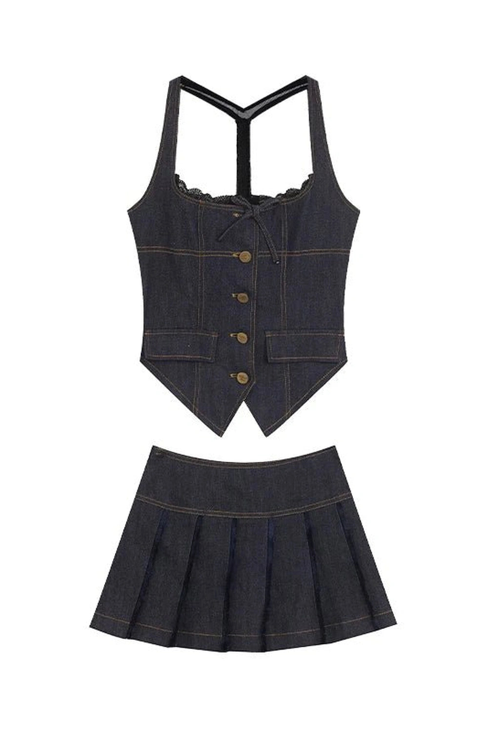 Lace-Up Indigo Mini Set - Trendy Y2K Fashion for Stylish Outfits