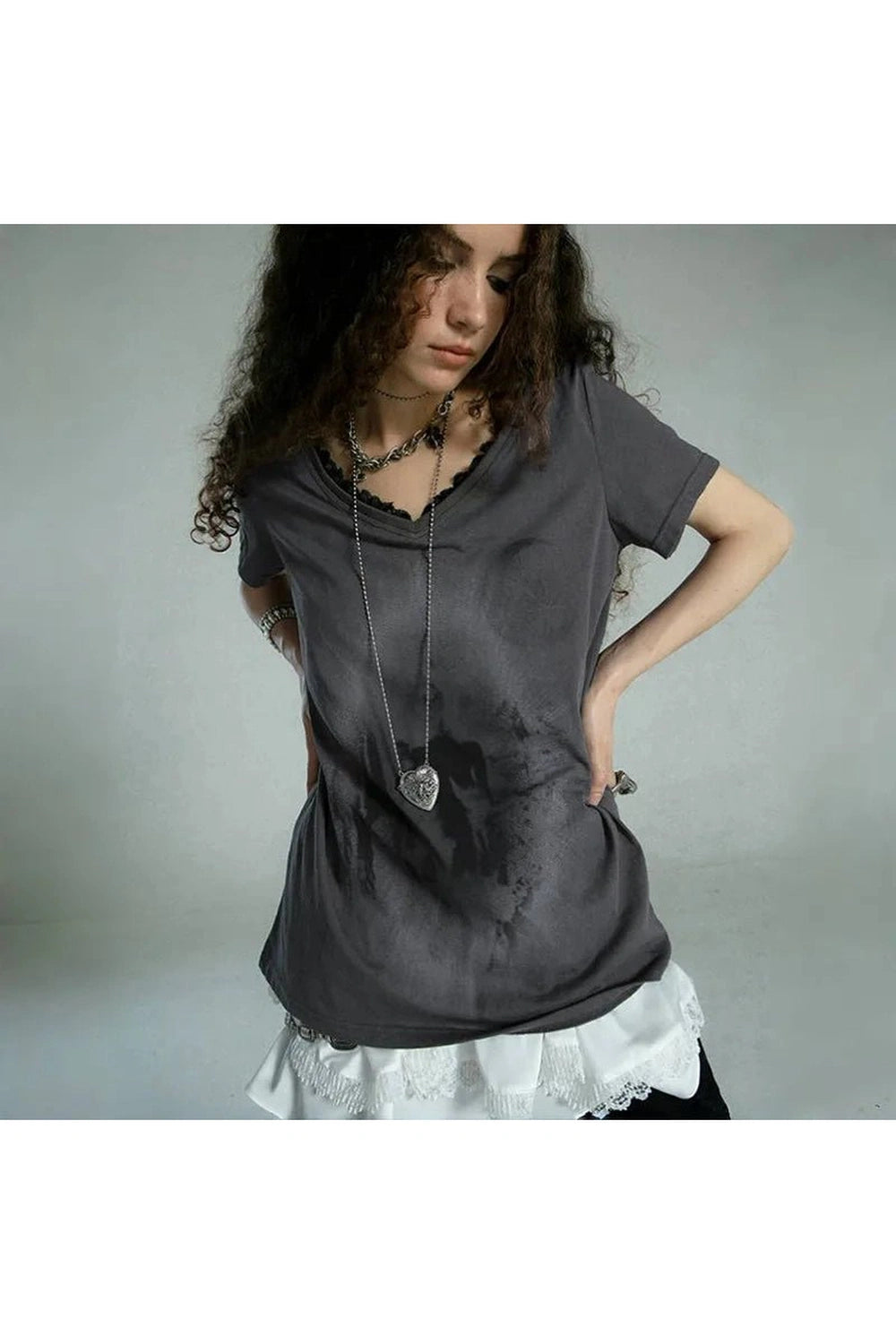 Layered Gothic Lace Trim T-Shirt - Y2K Fashion Aesthetic Top