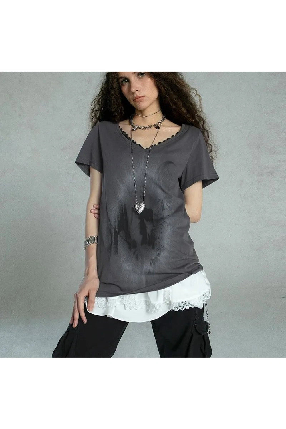 Layered Gothic Lace Trim T-Shirt - Y2K Fashion Aesthetic Top