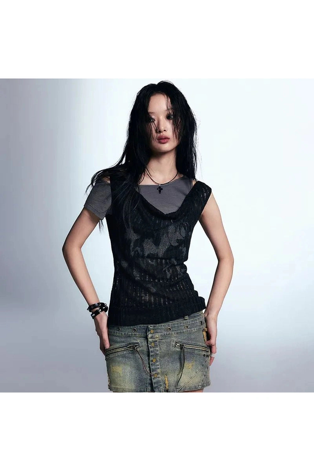 Layered Grunge Mesh Top - Y2K Fashion Essential for 2000s Style