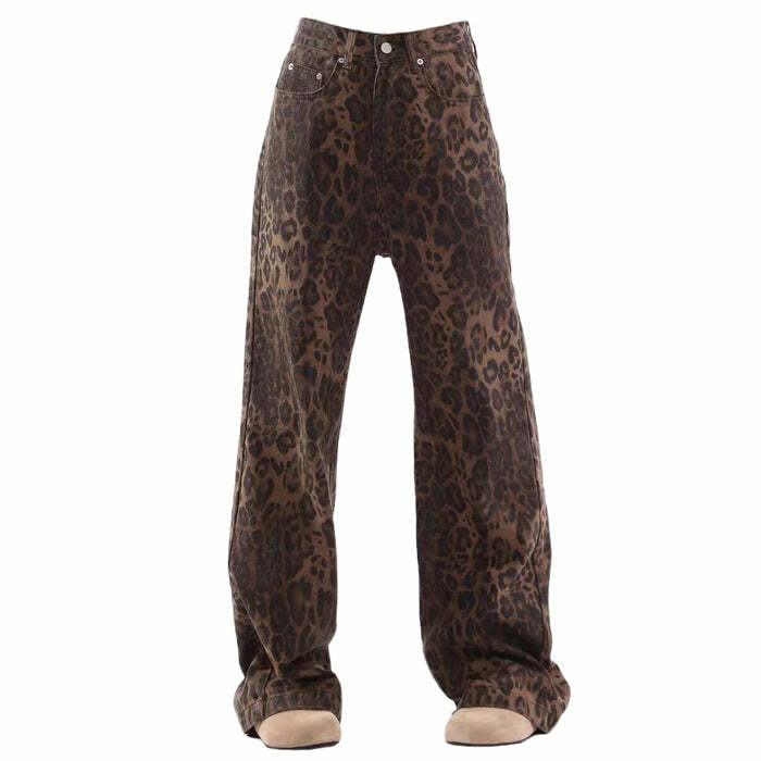 Leopard Print Wide Leg Jeans - Y2K Fashion Statement for Trendsetters