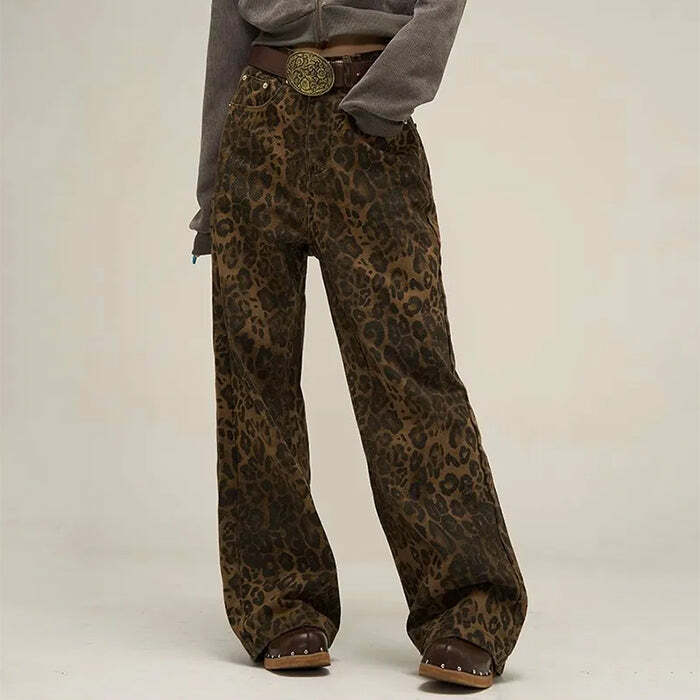 Leopard Print Wide Leg Jeans - Y2K Fashion Statement for Trendsetters