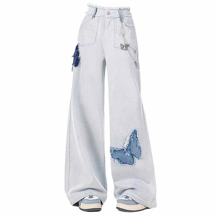 Light Blue Butterfly Aesthetic Y2K Jeans - Trendy 2000s Fashion Style