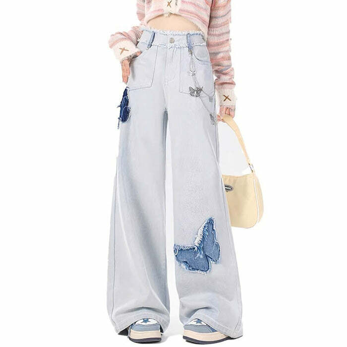 Light Blue Butterfly Aesthetic Y2K Jeans - Trendy 2000s Fashion Style