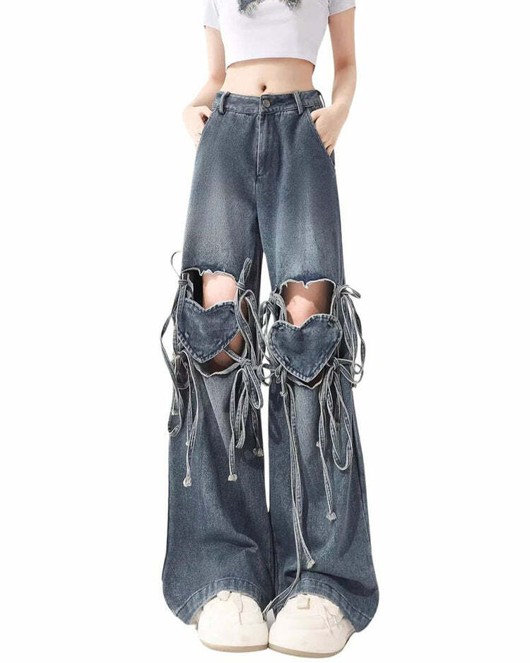 Love Knot Knee-Heart Denim Pants - Trendy Y2K Fashion Essential