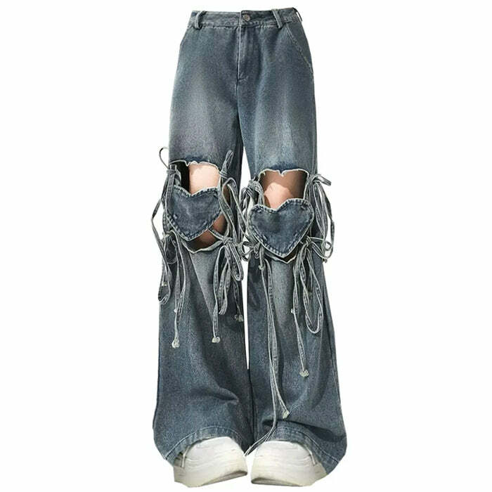 Love Knot Knee-Heart Denim Pants - Trendy Y2K Fashion Essential