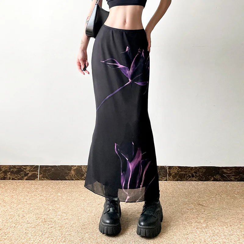 Midnight Bloom Y2K Maxi Skirt - Embrace 2000s Fashion Aesthetic