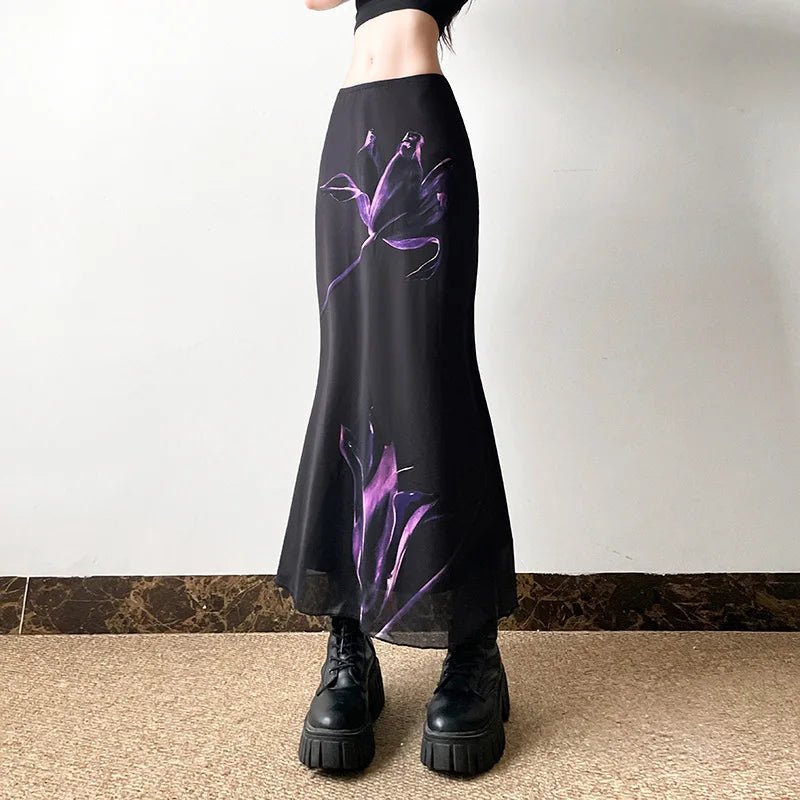 Midnight Bloom Y2K Maxi Skirt - Embrace 2000s Fashion Aesthetic