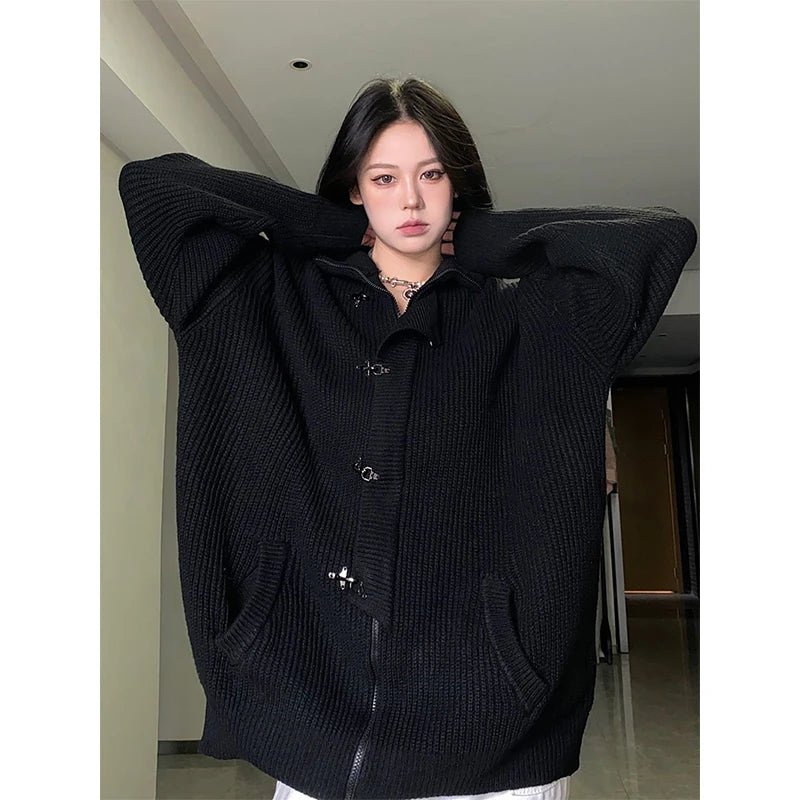 Midnight Buckle Oversized Cardigan - Y2K Fashion Essential for 2000s Style