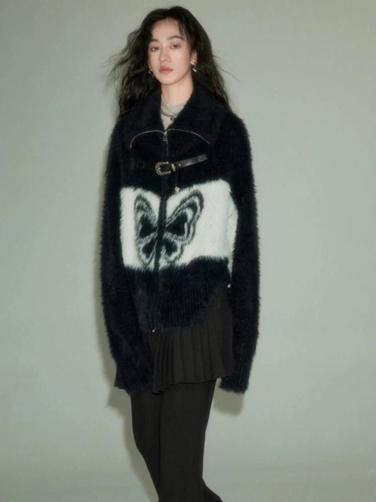 Midnight Butterfly Y2K Fuzzy Jacket - Trendy 2000s Style Outerwear