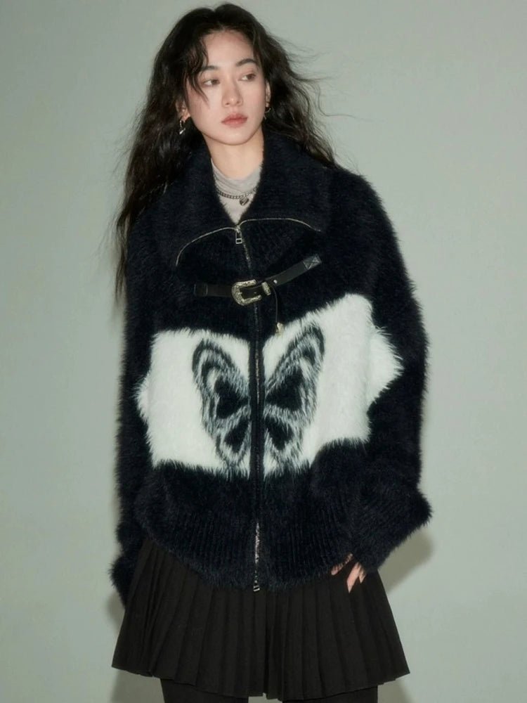 Midnight Butterfly Y2K Fuzzy Jacket - Trendy 2000s Style Outerwear