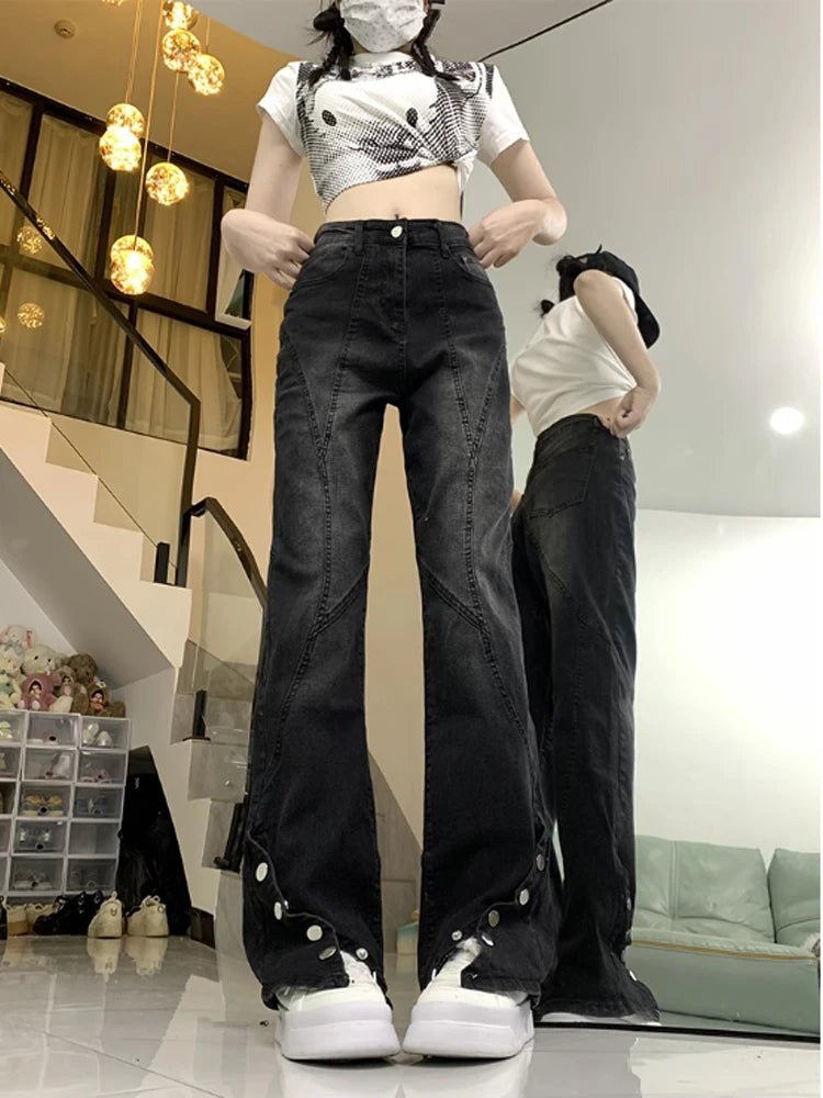 Midnight Flare Snap Jeans - Y2K Fashion Essential for 2000s Style