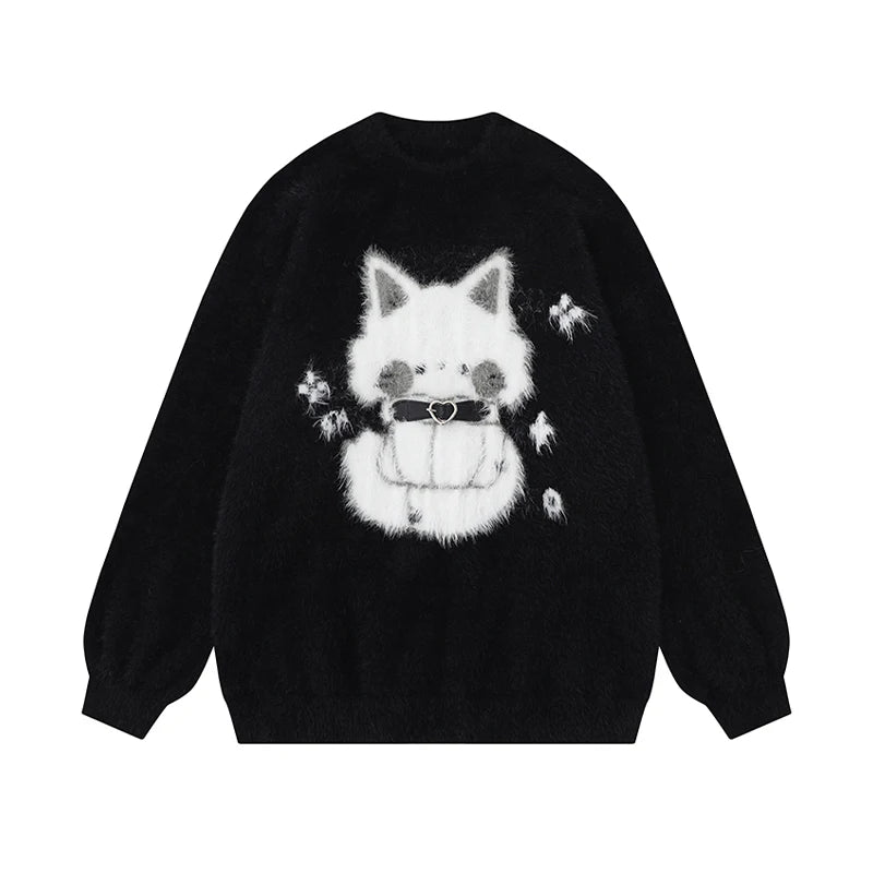 Midnight Kitty Fuzzy Sweater - Y2K Fashion Essential for Cozy Vibes