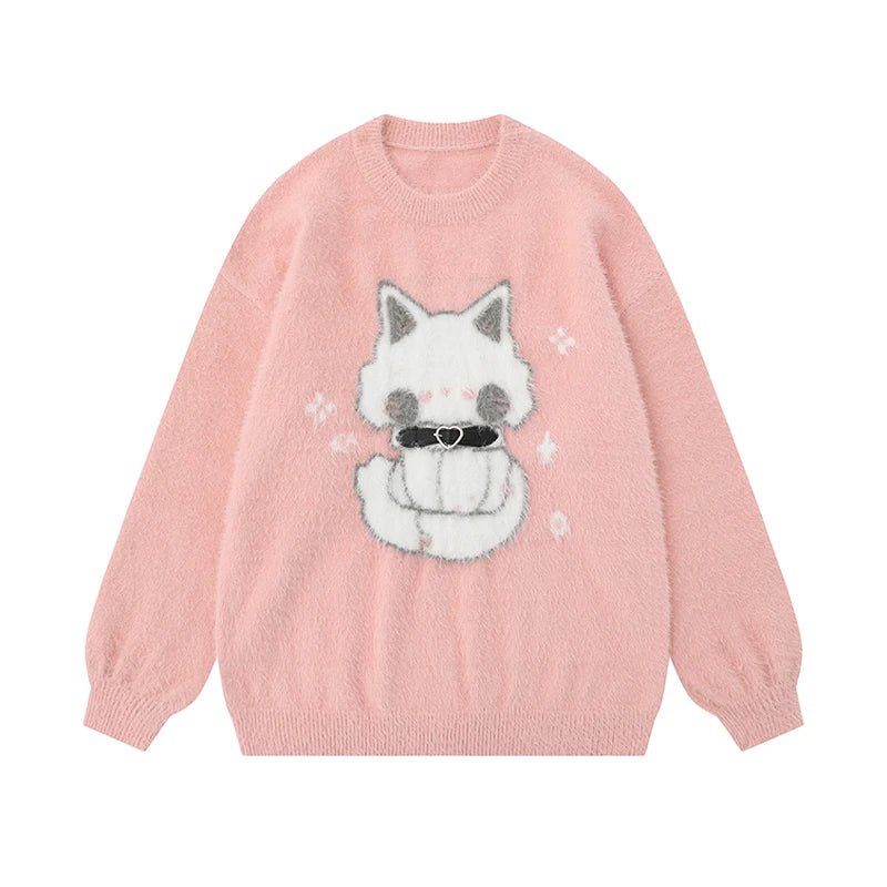 Midnight Kitty Fuzzy Sweater - Y2K Fashion Essential for Cozy Vibes