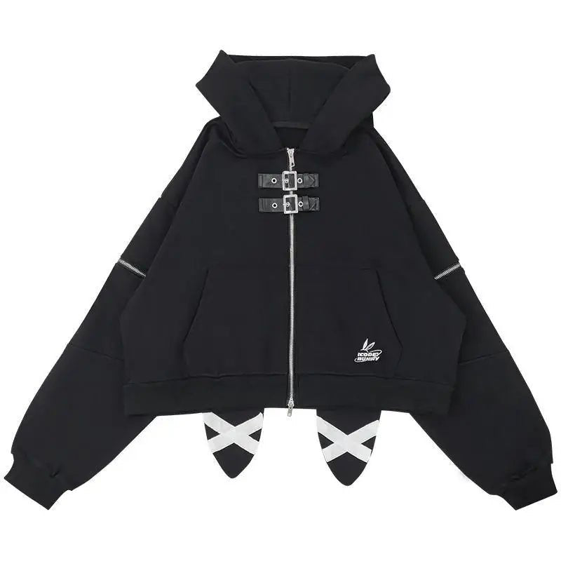 Midnight Rebel Y2K Buckle Hoodie - Trendy 2000s Fashion Essential