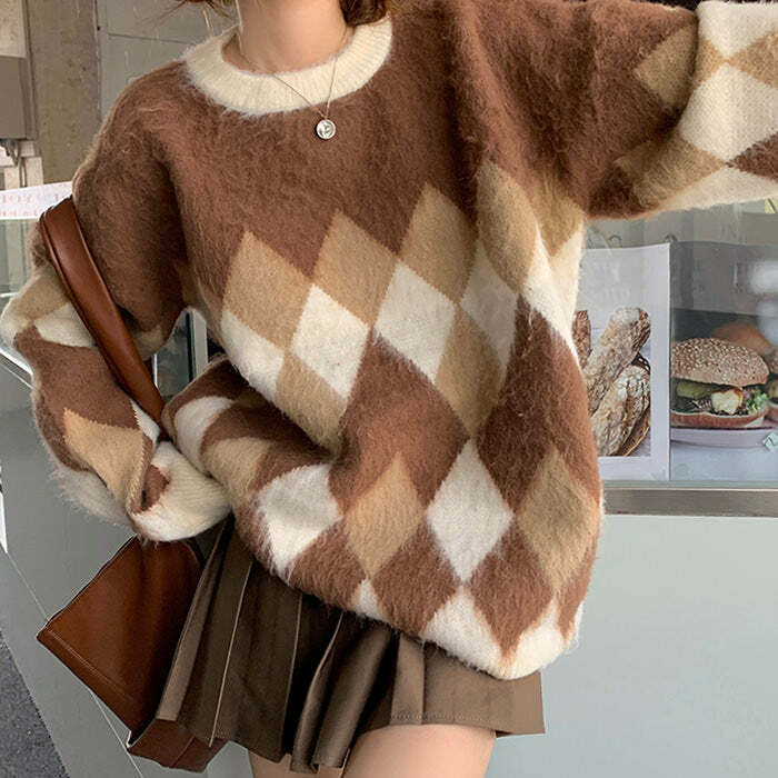 Mocha Fuzzy Argyle Sweater - Y2K Fashion Essential for 2000s Style