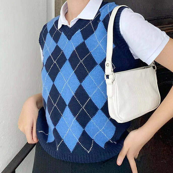 Navy Blue Argyle Vest - Y2K Fashion Essential for 2000s Style Outfits