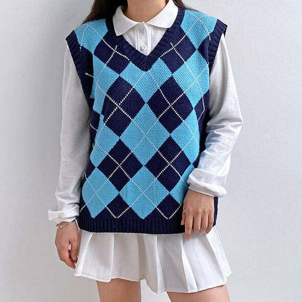 Navy Blue Argyle Vest - Y2K Fashion Essential for 2000s Style Outfits