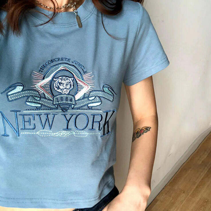 NY Embroidered Tee - Y2K Fashion Essential for 2000s Style Lovers