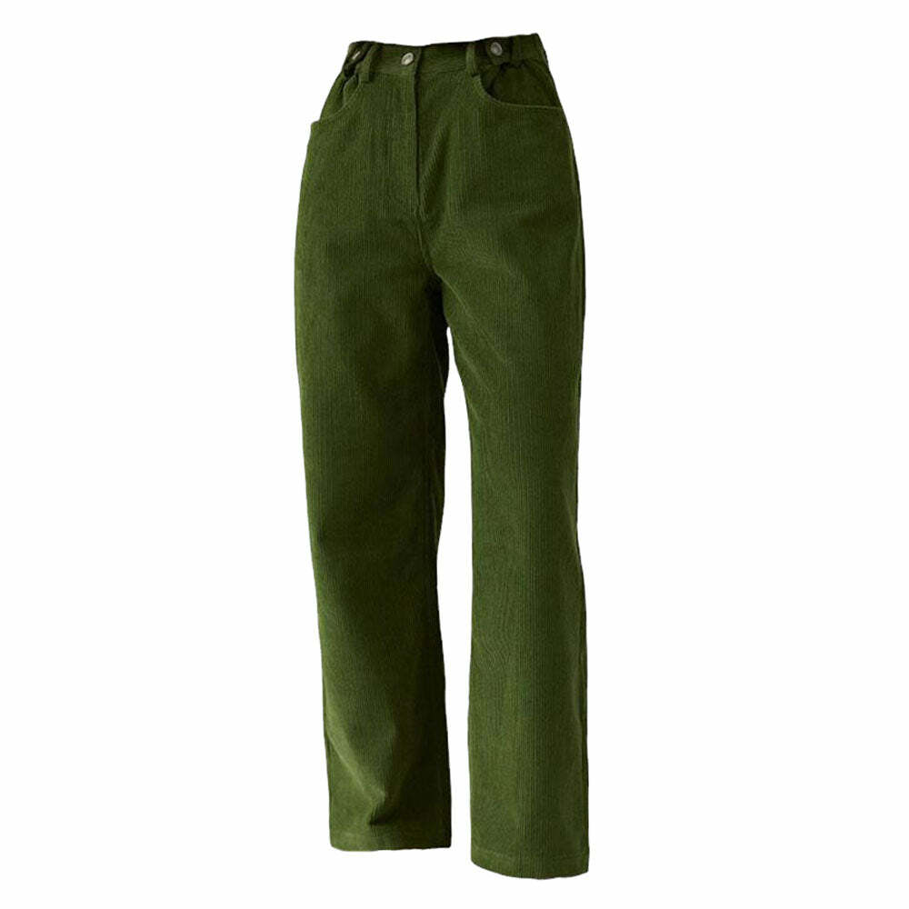 Olive Green Wide-Leg Cord Trousers - Y2K Fashion Essential for 2000s Style