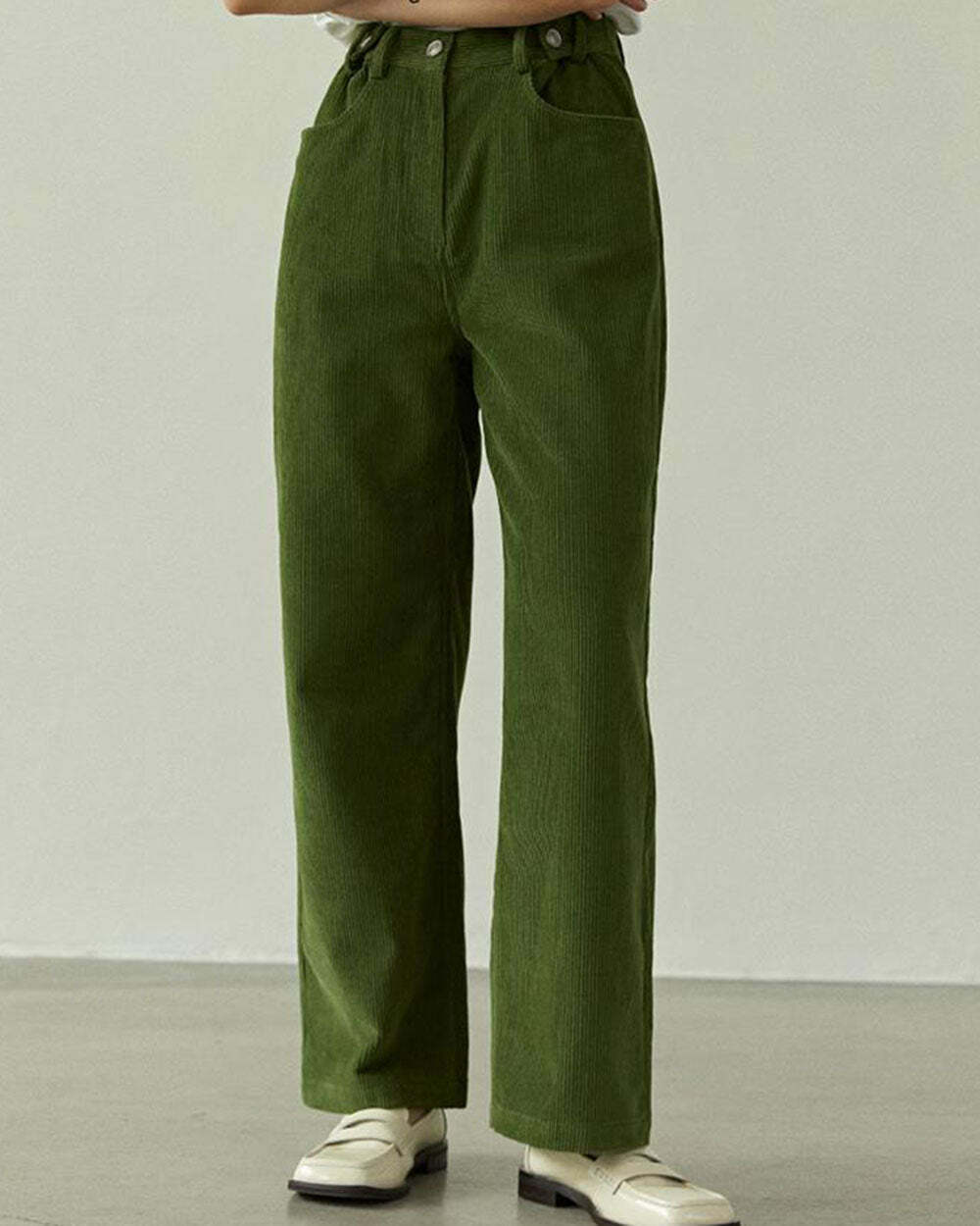 Olive Green Wide-Leg Cord Trousers - Y2K Fashion Essential for 2000s Style