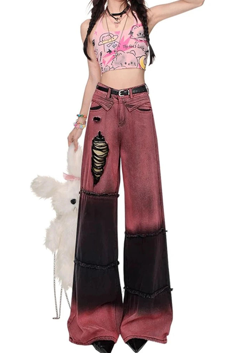 Ombre Spiral Grunge Flare Pants - Y2K Fashion Must-Have for 2000s Style