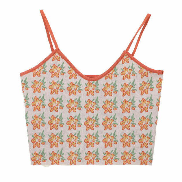 Orange Flower Knit Tank - Y2K Fashion Essential for 2000s Style