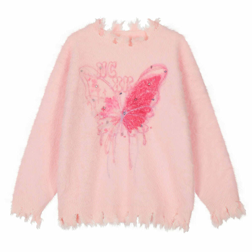 Pastel Pink Butterfly Sweater - Y2K Aesthetic 2000s Fashion Top