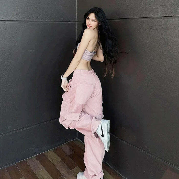 Pastel Pink Y2K Cargo Pants - Trendy 2000s Style for Effortless Aesthetic