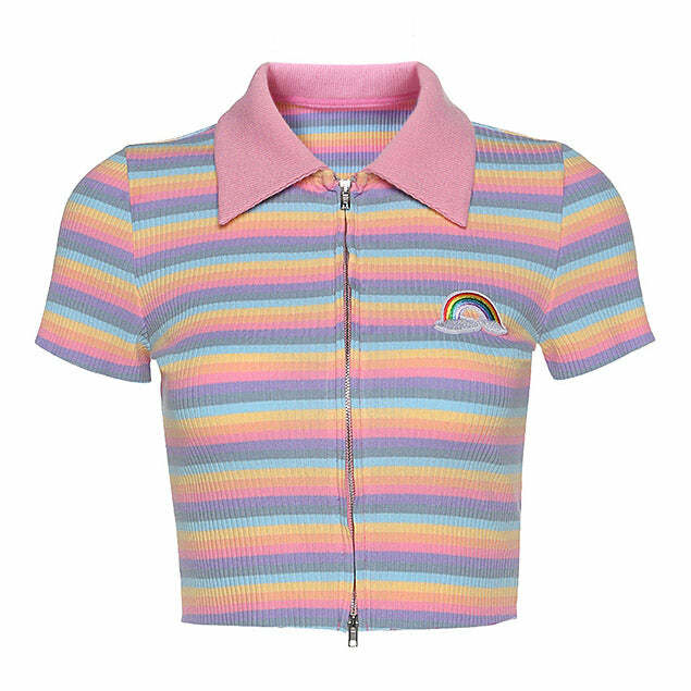 Pastel Rainbow Zip Top - Y2K Fashion Essential for Trendy Outfits